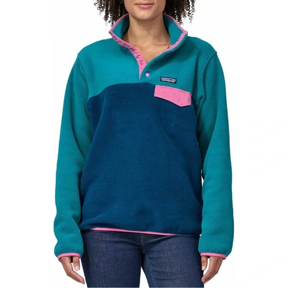Patagonia Synchilla Womens Teal and Pink Snap Fleece Pullover Small - Picture 1 of 14